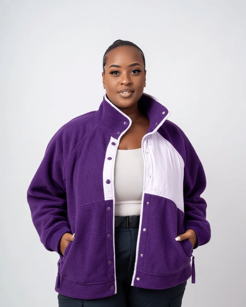 Front of a model wearing a size XL/2X go far fleece 2.0 in Eggplant by alder apparel. | dia_product_style_image_id:300615